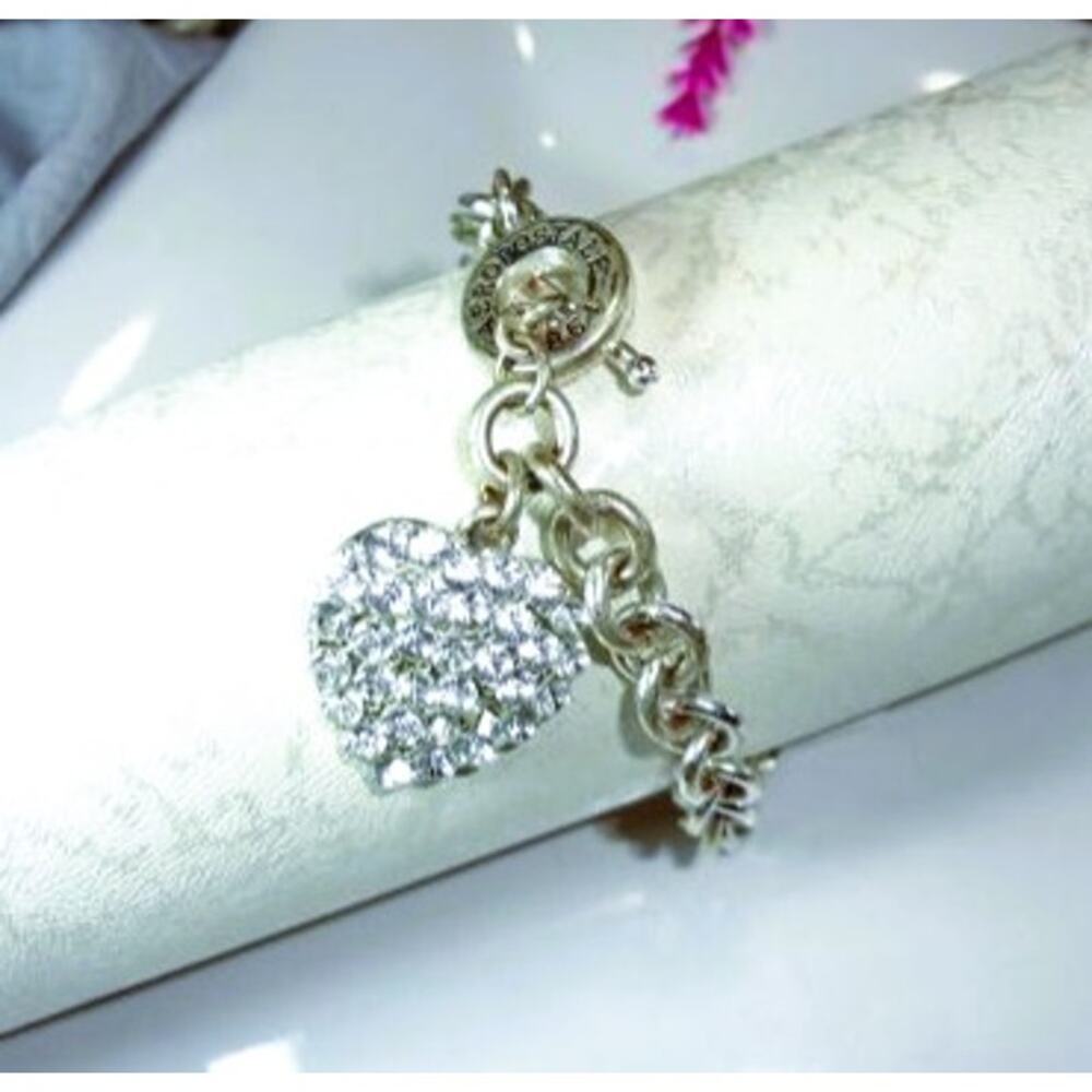 Authentic Aeropostale Y2K Heart Charm Bracelet Chunky Link Silver Tone Toggle 7"